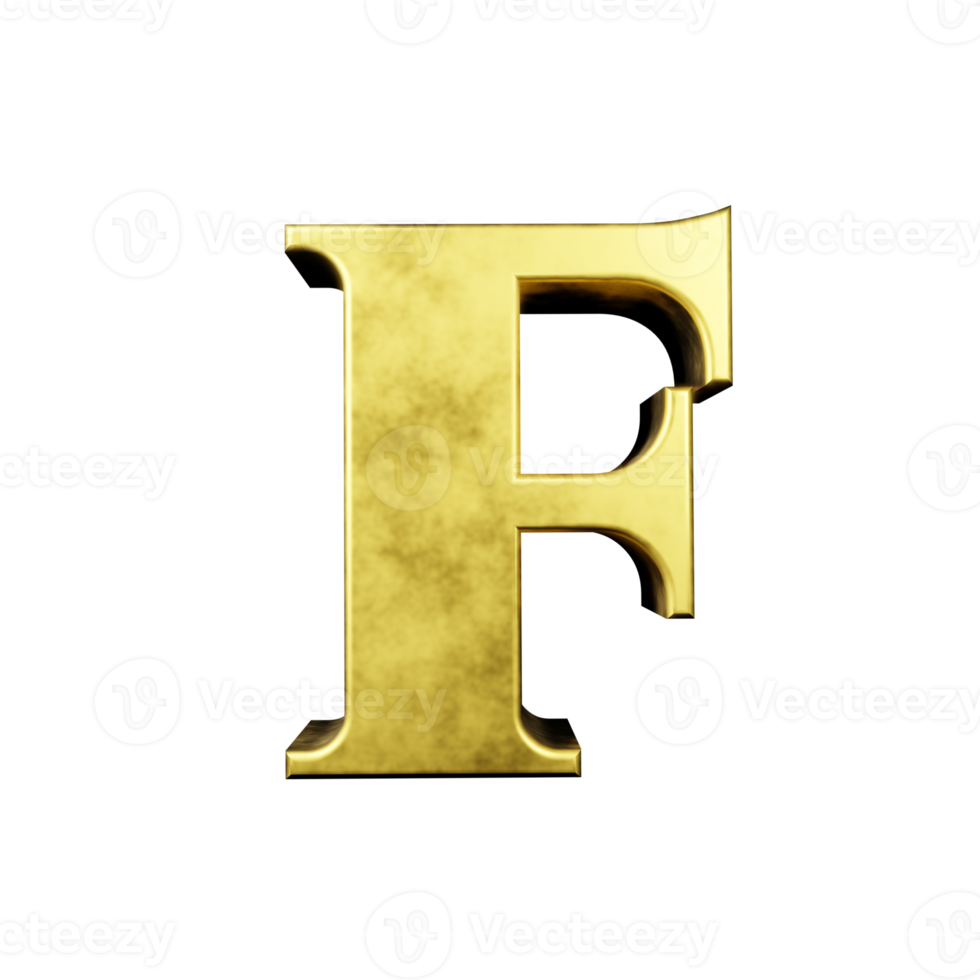 efecto de texto dorado letra f. renderizado 3d png