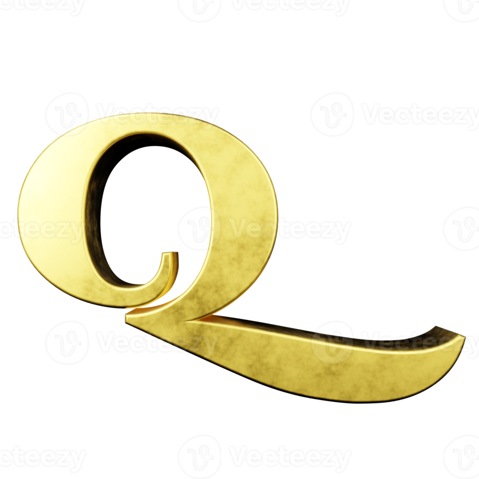 efecto de texto dorado letra q. renderizado 3d png