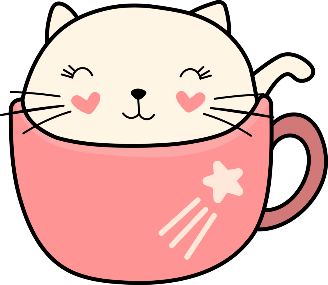 Colorful Cute Heart Cat in a Coffee Cup png
