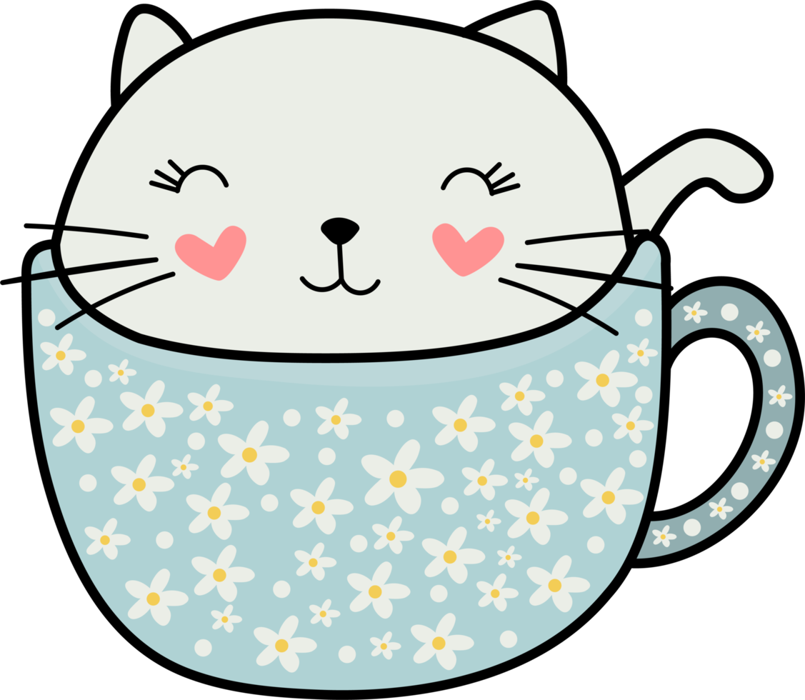 Colorful Cute Heart Cat in a Coffee Cup png