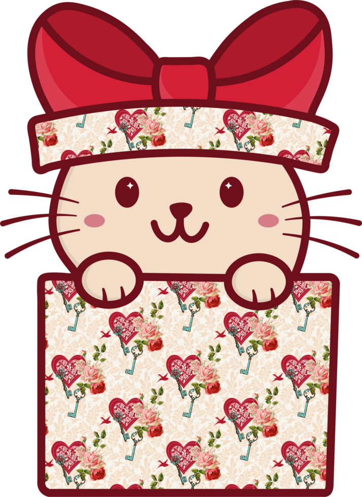 lindo gato mascota feliz en una caja de regalo png