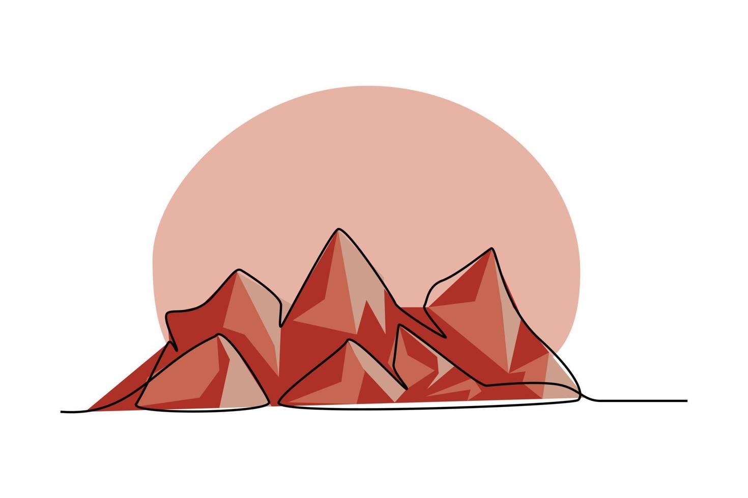 dibujo de una línea de montañas de color rojo simple. panorama perfecto de la naturaleza. diseño de estilo minimalista dibujado a mano para el concepto de vida natural vector