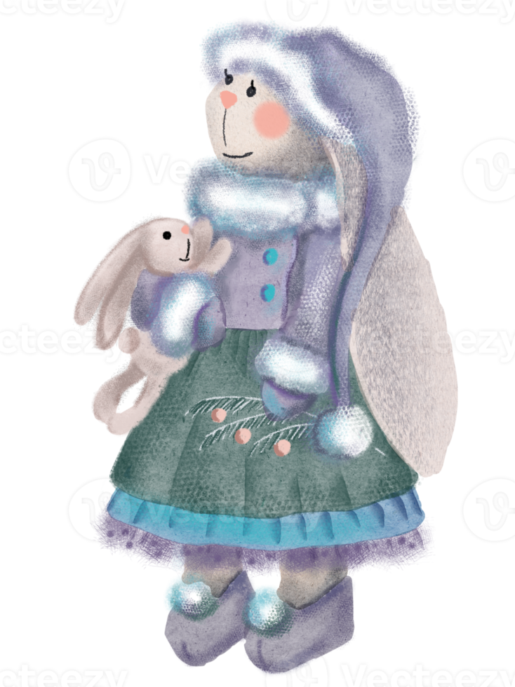 New Year and Christmas rabbit girl with toy and noel tree branch on transparent background. Festive Xmas object. Great for holiday poster, greeting card, flyer, social net post, story, reel. png