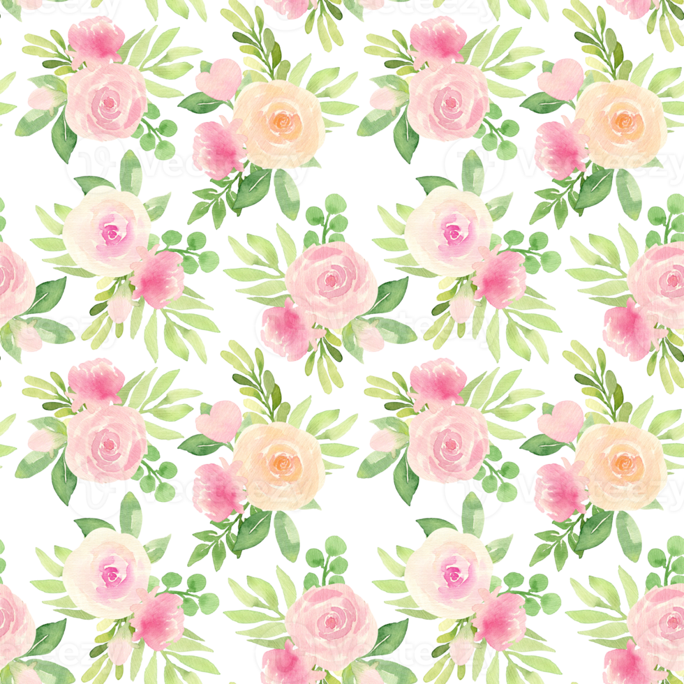 Watercolor seamless pattern. Hand drawing botanical illustration with pink, peach roses and white backgraund. Floral Design. Perfect for invitations, wrapping paper, textile, fabric, poster, packing png