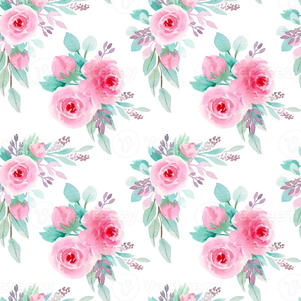 Seamless Watercolor Floral Pattern. Pink and Mint Flowers Hand Drown Illustration png