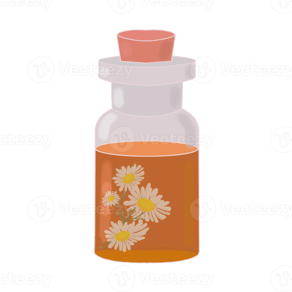 bottle with essential oil and chamomile flower png