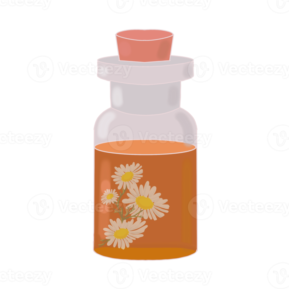 bottle with essential oil and chamomile flower png