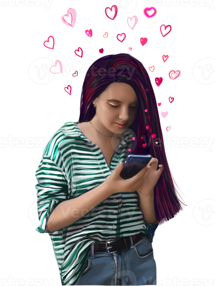 girl writes a love message on the phone png