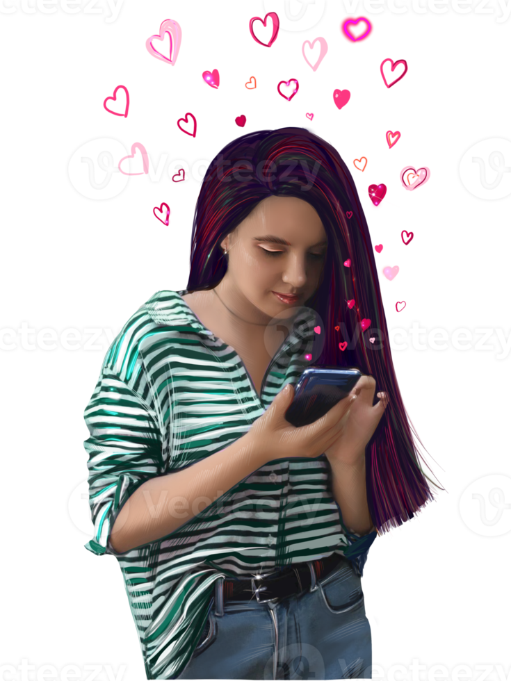 fille écrit un message d'amour au téléphone png