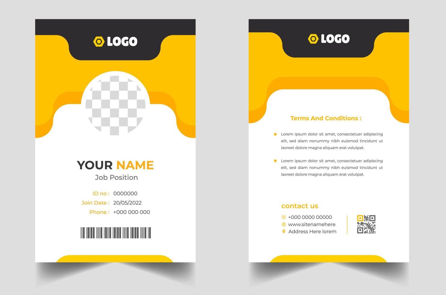 plantilla de tarjeta de identificación comercial moderna y limpia. plantilla de diseño de tarjeta de identificación profesional con color amarillo. plantilla de diseño de tarjeta de identificación empresarial moderna corporativa. plantilla de tarjeta de identificación de empleado de la empresa. vector