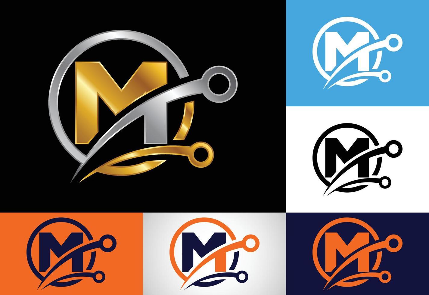 Initial M monogram alphabet in a circle with a technology sign symbol. Technology logo design concept vector template. Font emblem
