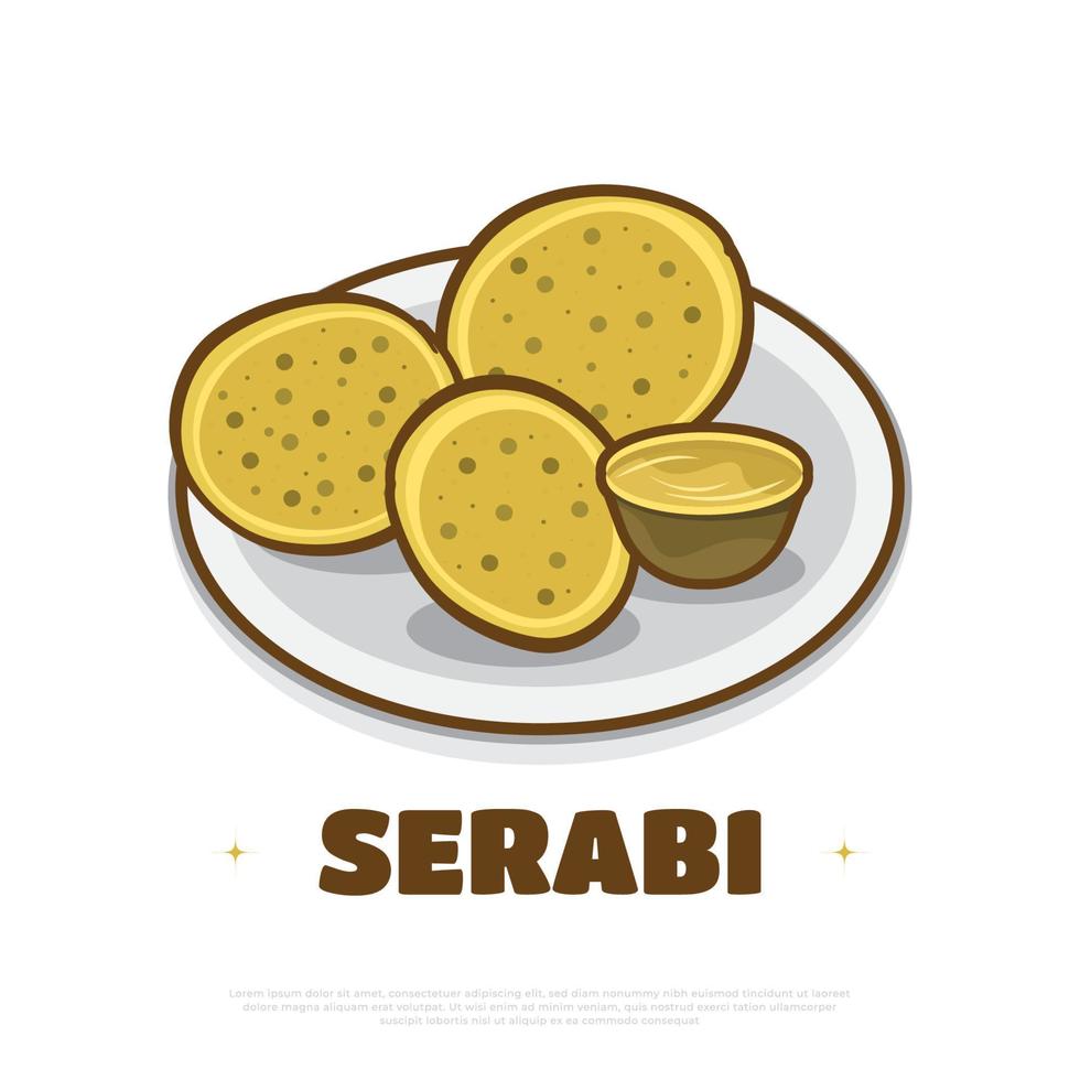 ilustración de comida indonesia llamada serabi. panqueque indonesio hecho de harina de arroz y leche de coco con plato de hojas vector