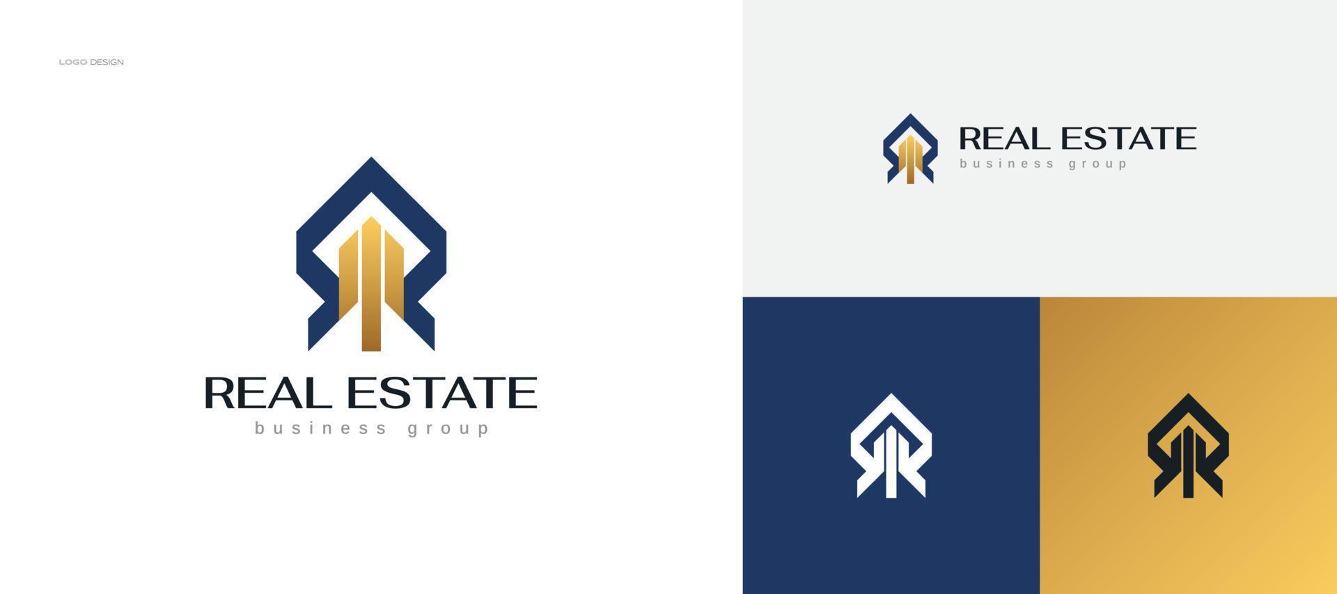 diseño de logotipo inmobiliario abstracto y lujoso en estilo degradado azul y dorado. logotipo de la industria de la construcción y la arquitectura vector