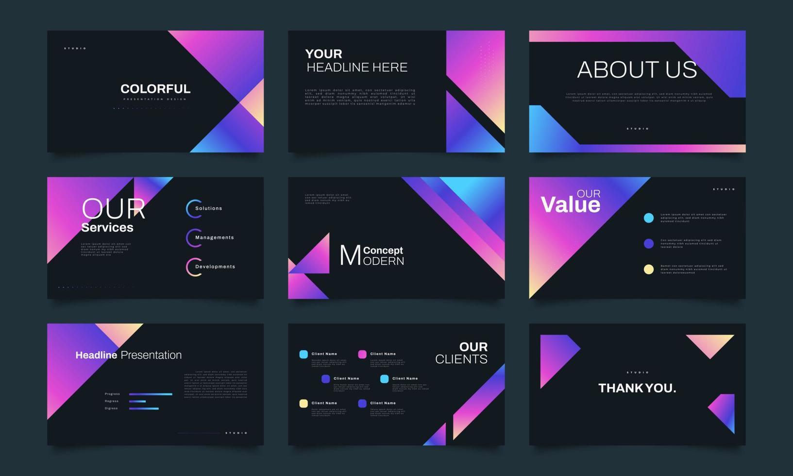 Modern and Colorful Presentation Templates Set. Use for Presentation, Branding, Flyer, Leaflet, Marketing, Advertising, Annual Report, Banner, Landing Page, Website Slider. Layout Design vector