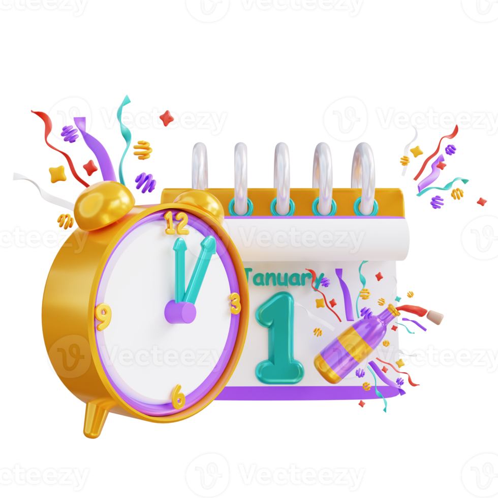 3d illustration new year clock and calendar png