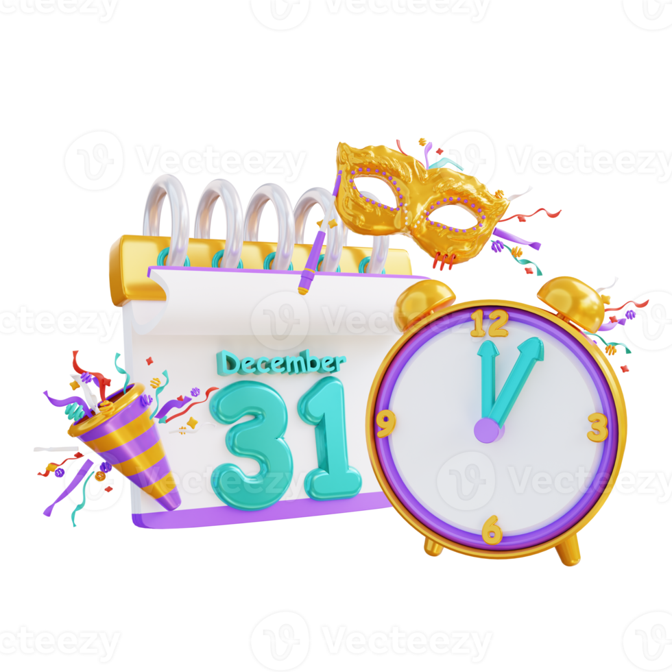 3D-Darstellung Neujahrskalender und Uhr png