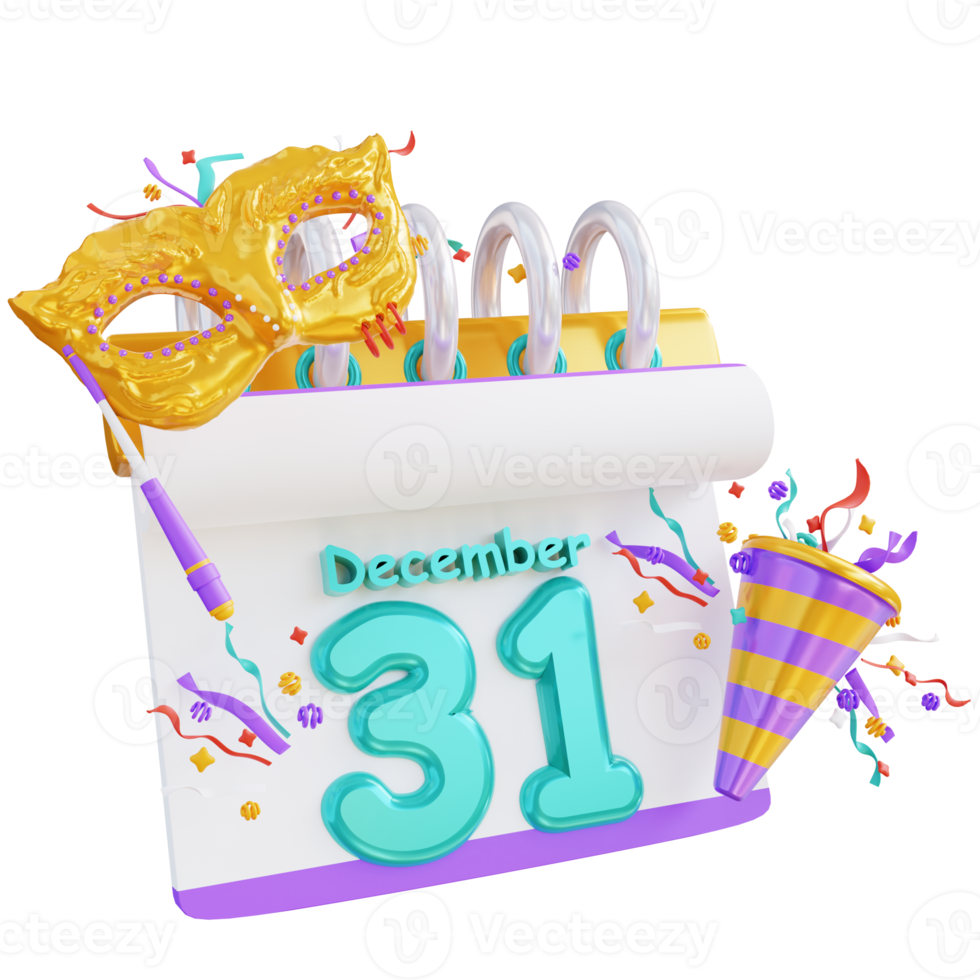 3d illustration nouvel an trompette et calendrier de masque png