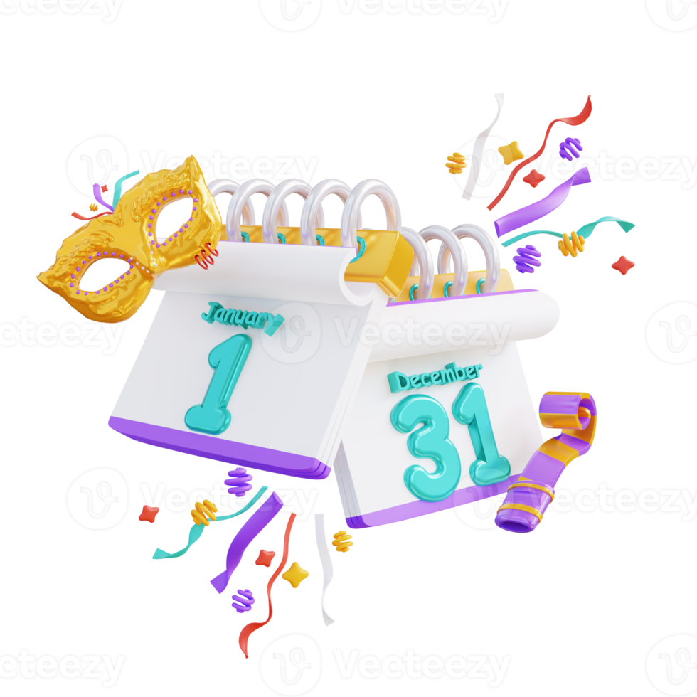 3d illustratie nieuw jaar trompet en masker kalender png