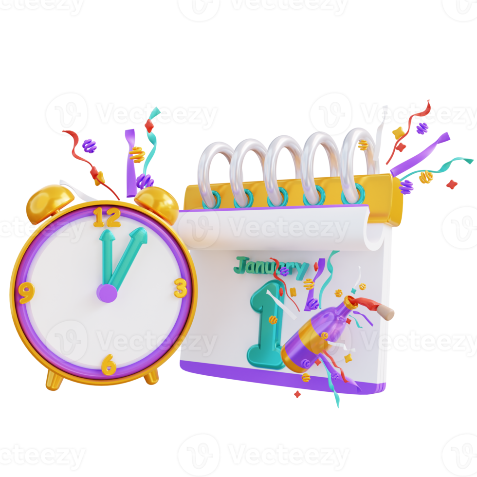 Horloge et calendrier du nouvel an illustration 3d png