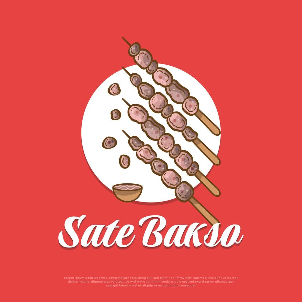 ilustración de sate bakso, comida indonesia o merienda. Ilustración de vector de albóndigas satay a la parrilla