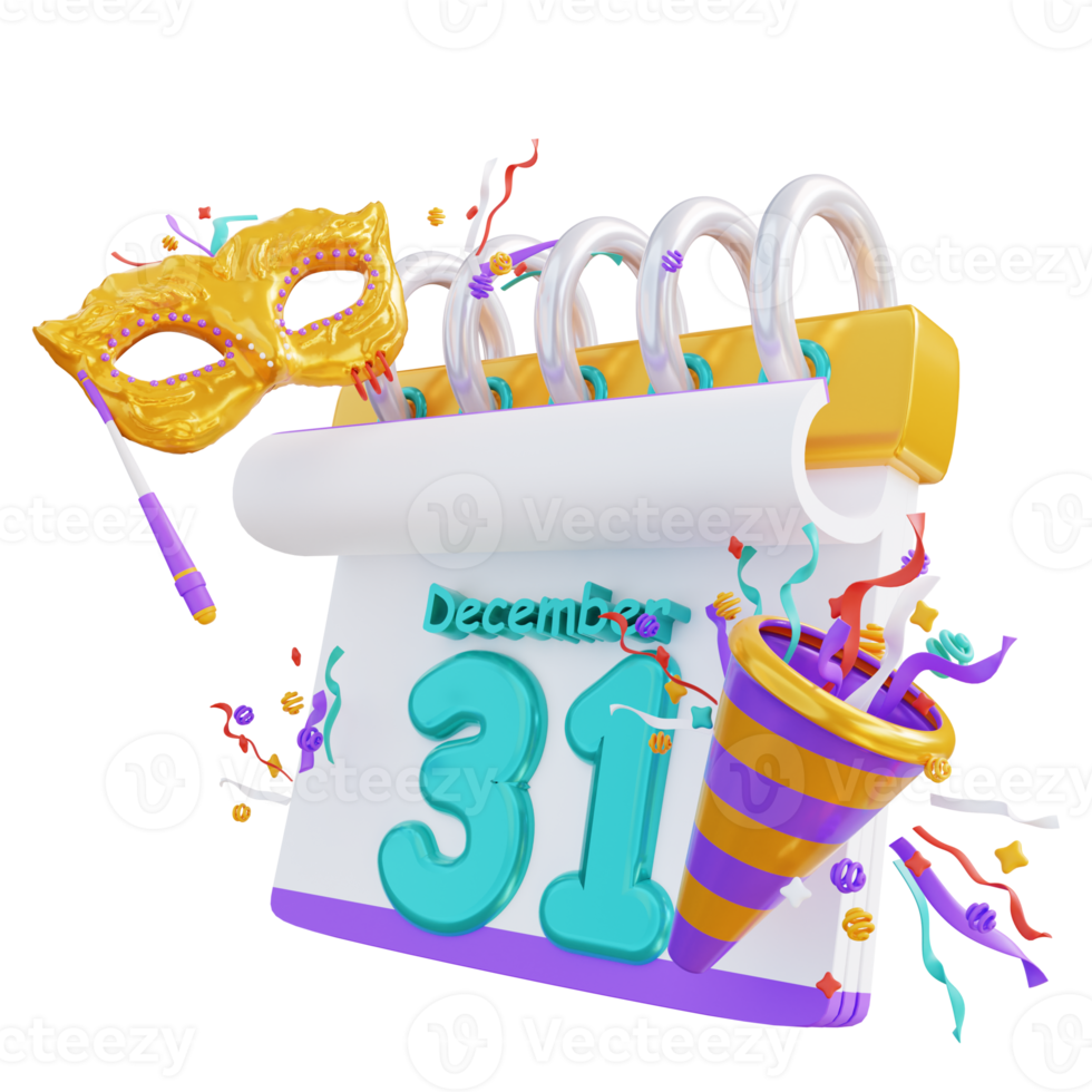 3d illustration nouvel an trompette et calendrier de masque png