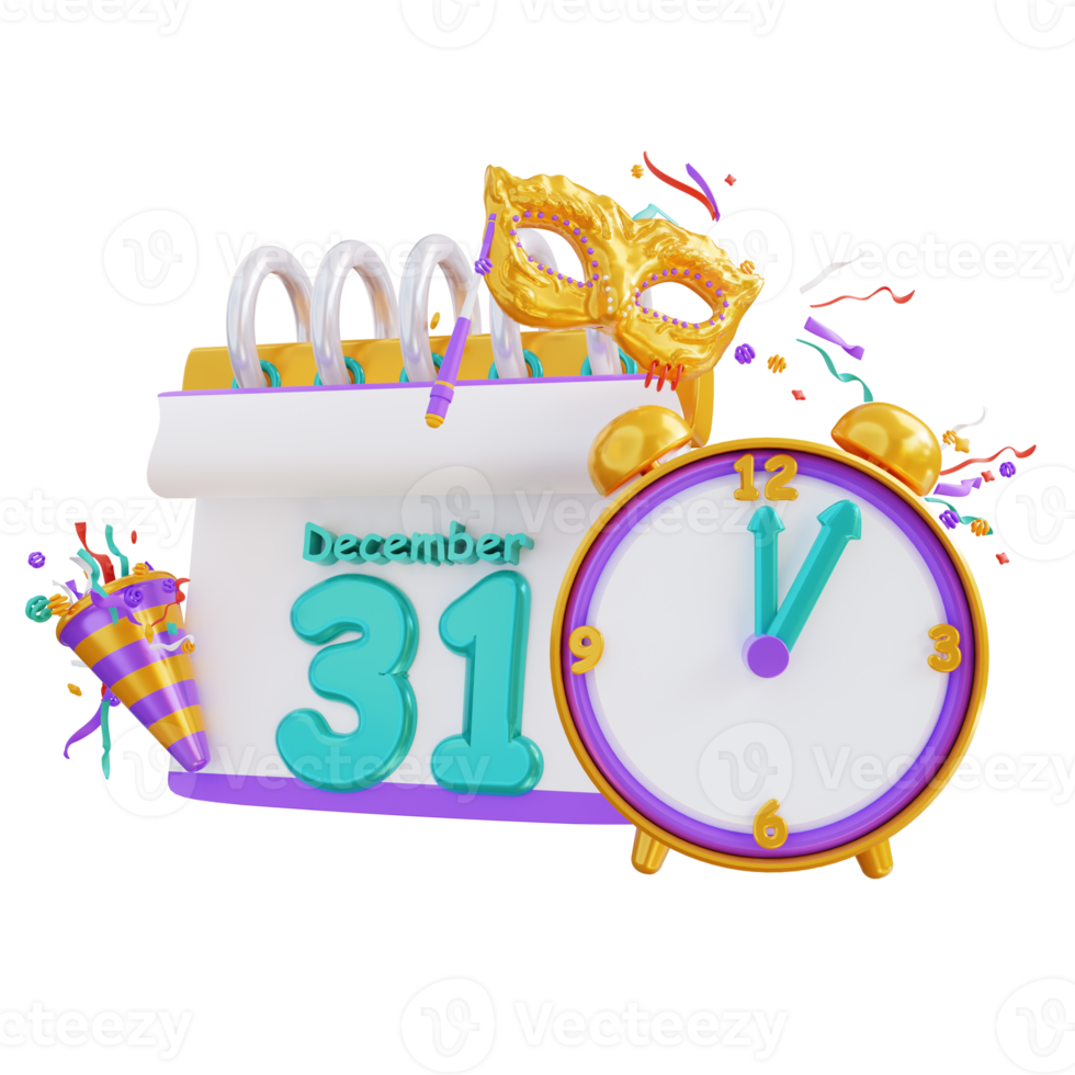 3d illustration nouvel an trompette et calendrier de masque png