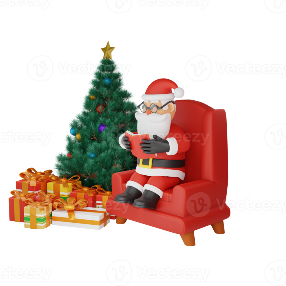 3d rendering of santa relaxing while reading a book png