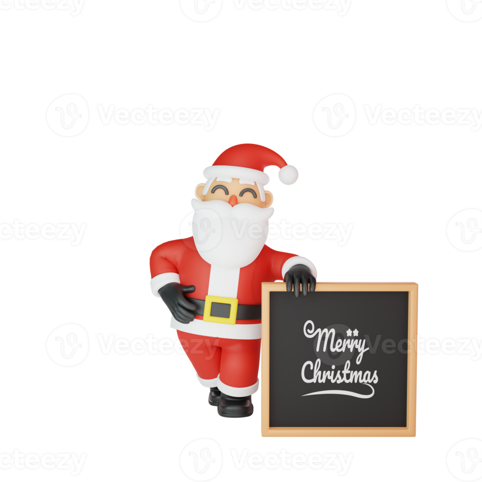 3d rendering of santa pose with merry christmas signboard png
