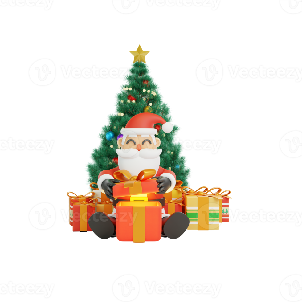 3d rendering of santa opening gifts png