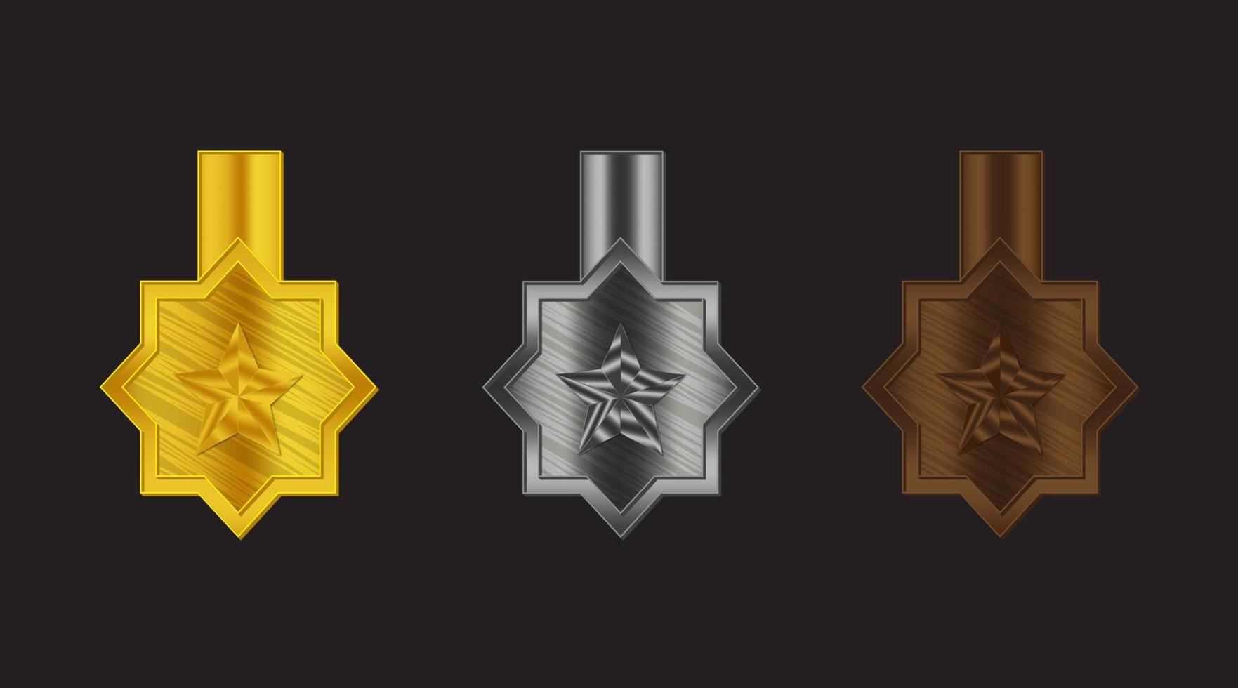 Set of Gold, Silver and Bronze Star Badges. Elements of Awards, Championships, Certificates and Member Symbols. Vector Illustration