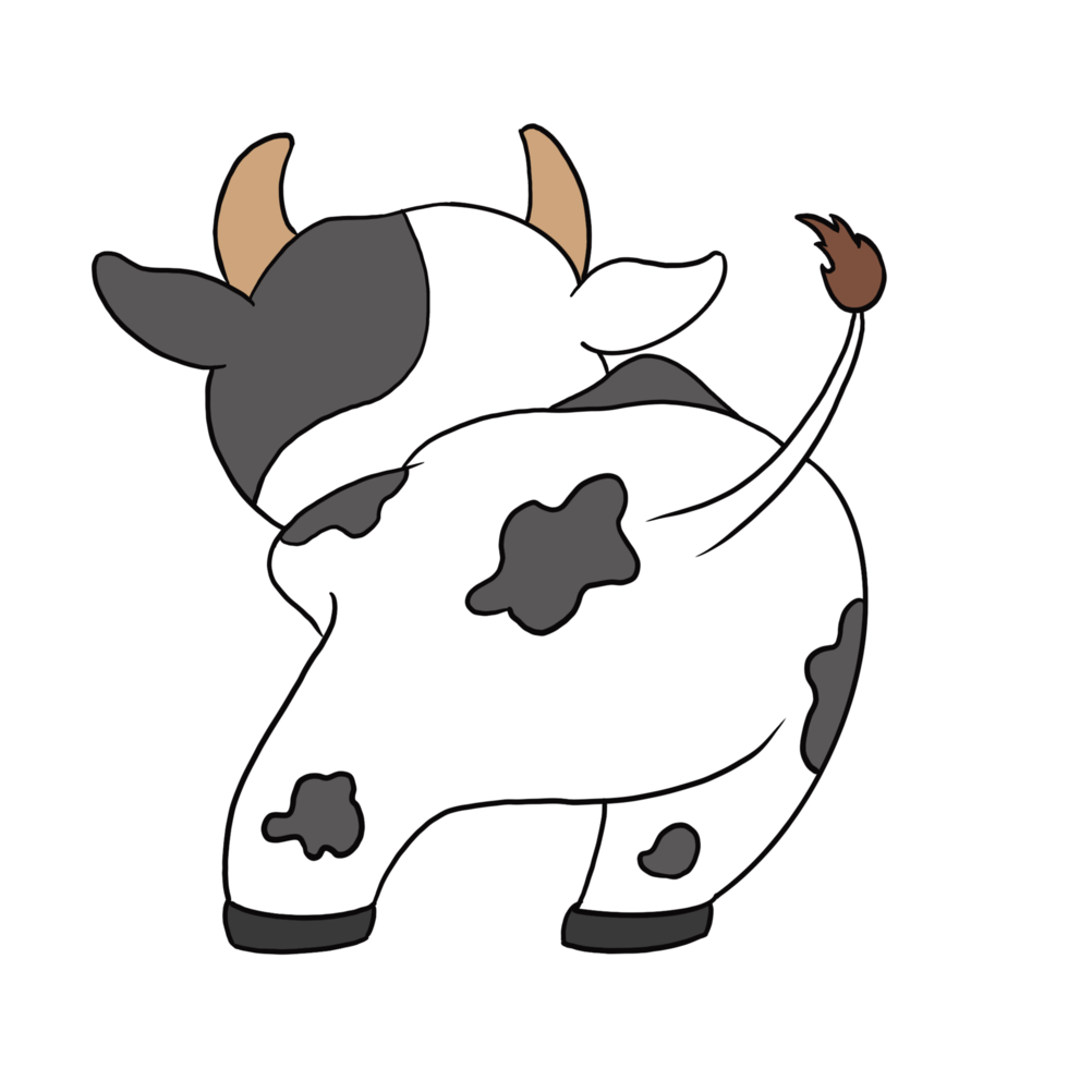 face arrière du personnage de vache de dessin animé doodle, la couleur noire et blanche est de bonne humeur et détendue. isoler l'image. png
