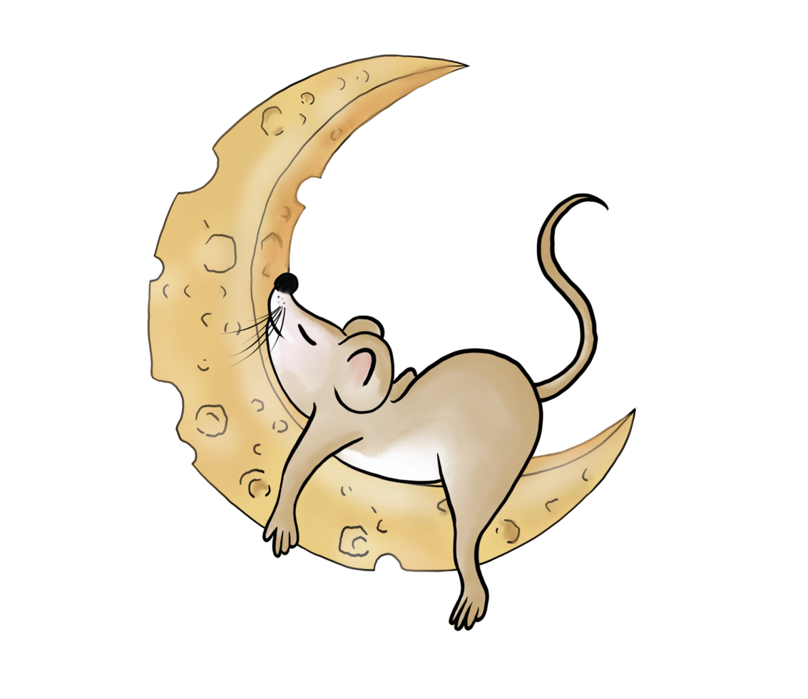 Cute, little, fat brown doodle cartoon mouse character is sleeping on the haft cheese moon. Isolate watercolor image. png