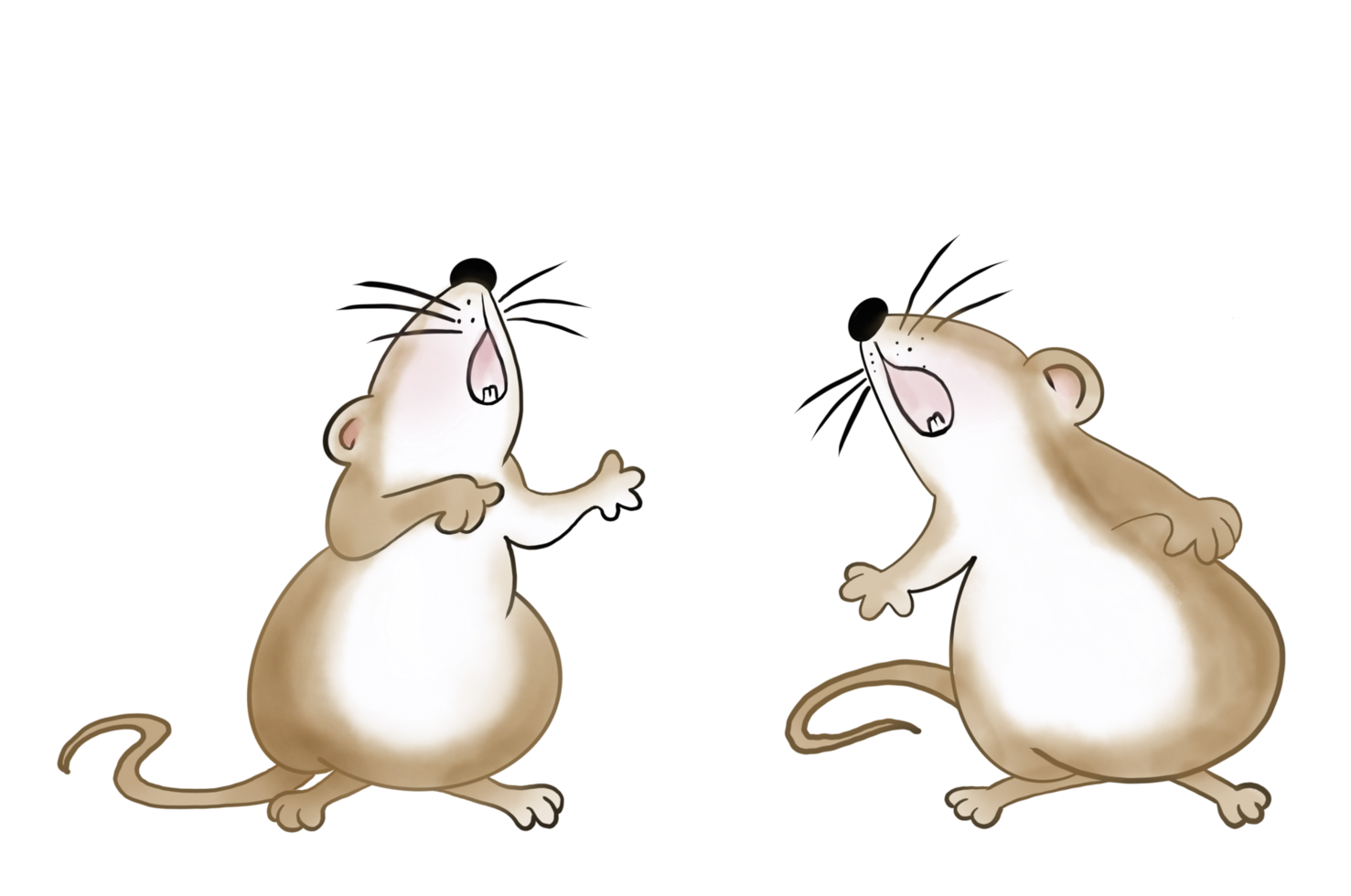 Two cute large ears, brown comic mice sing with smiles and a happy emotion. Isolate watercolor image. png