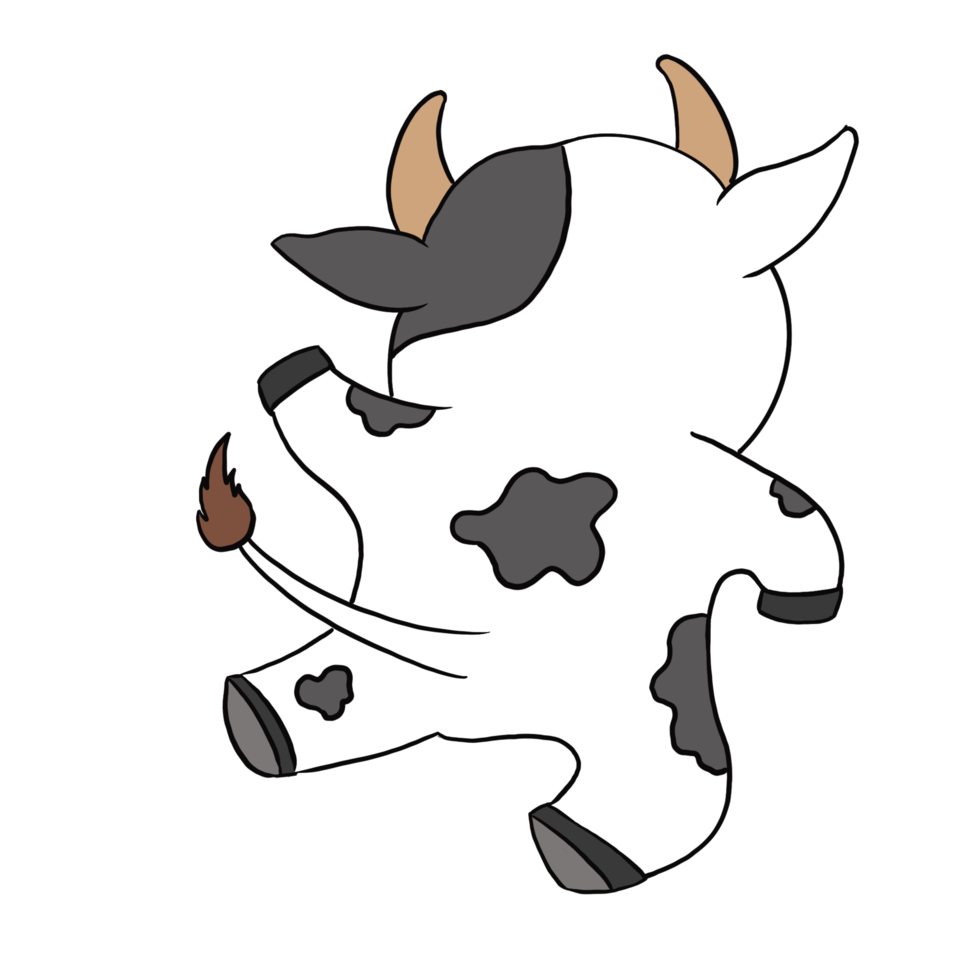 Back of cute doodle cartoon cow character, black and white spot color is dancing. Isolate image. png