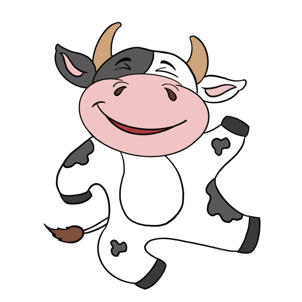 Doodle cartoon character cow, black and white color, with a smile and joyful mood. png