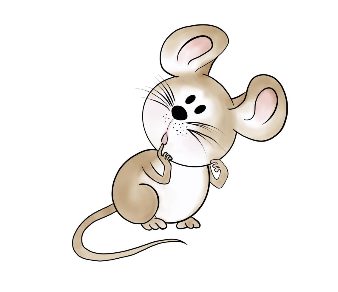 Little cute big ears, brown doodle cartoon mouse character acts if wondering. Isolate watercolor image. png