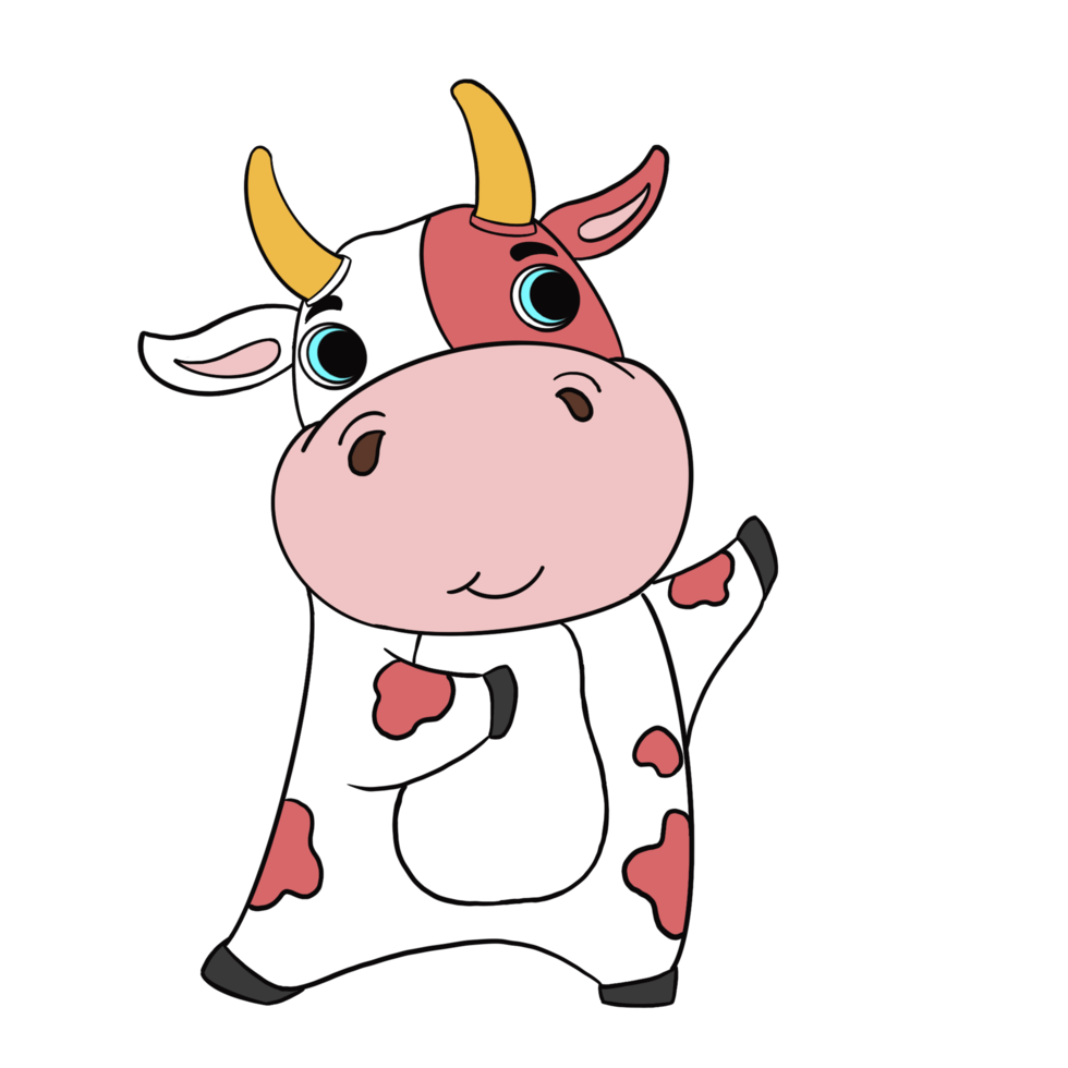 lindo personaje de vaca de dibujos animados de garabatos, color rosa y blanco está de buen humor y relajado. aislar la imagen. png