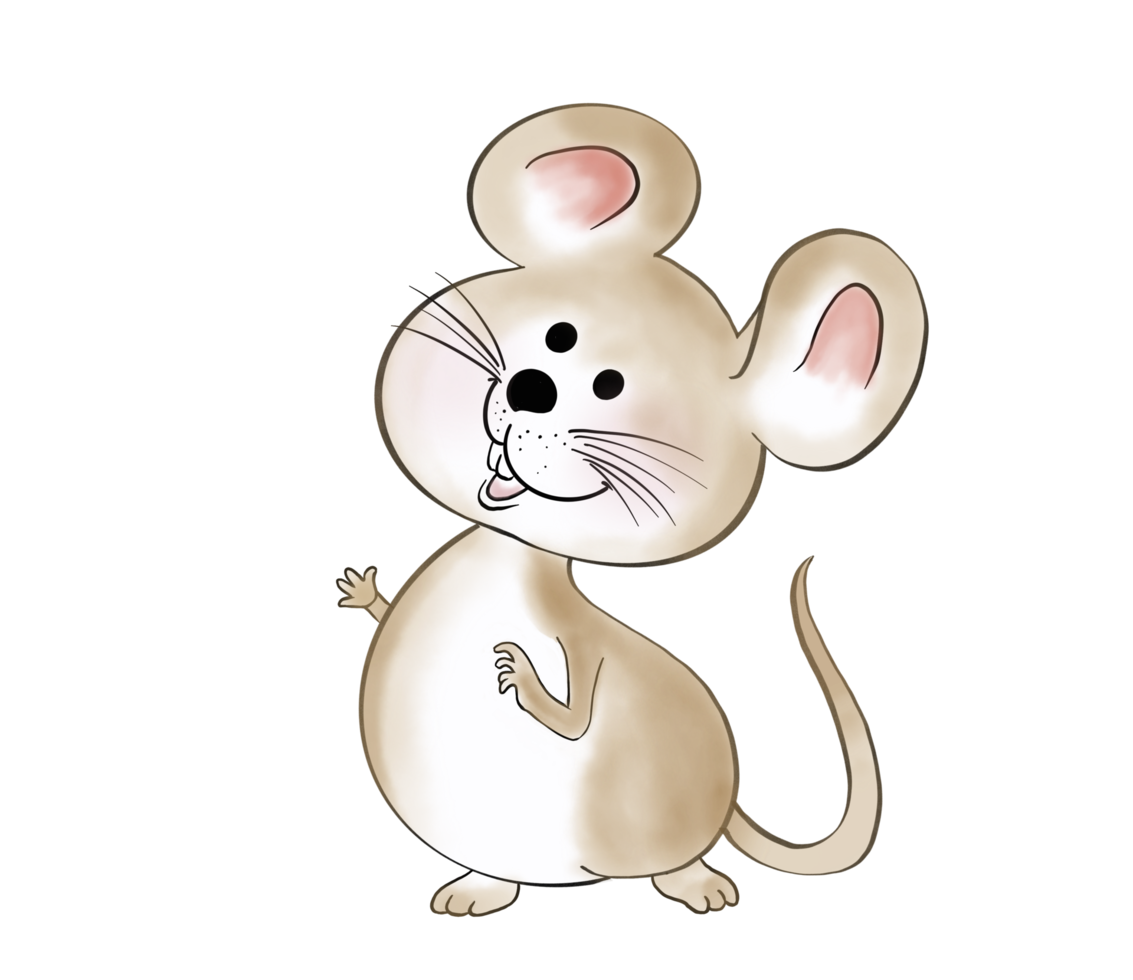Little cute big ears, brown doodle cartoon mouse character is standing with smiles and happy emotion. Isolate watercolor image. png