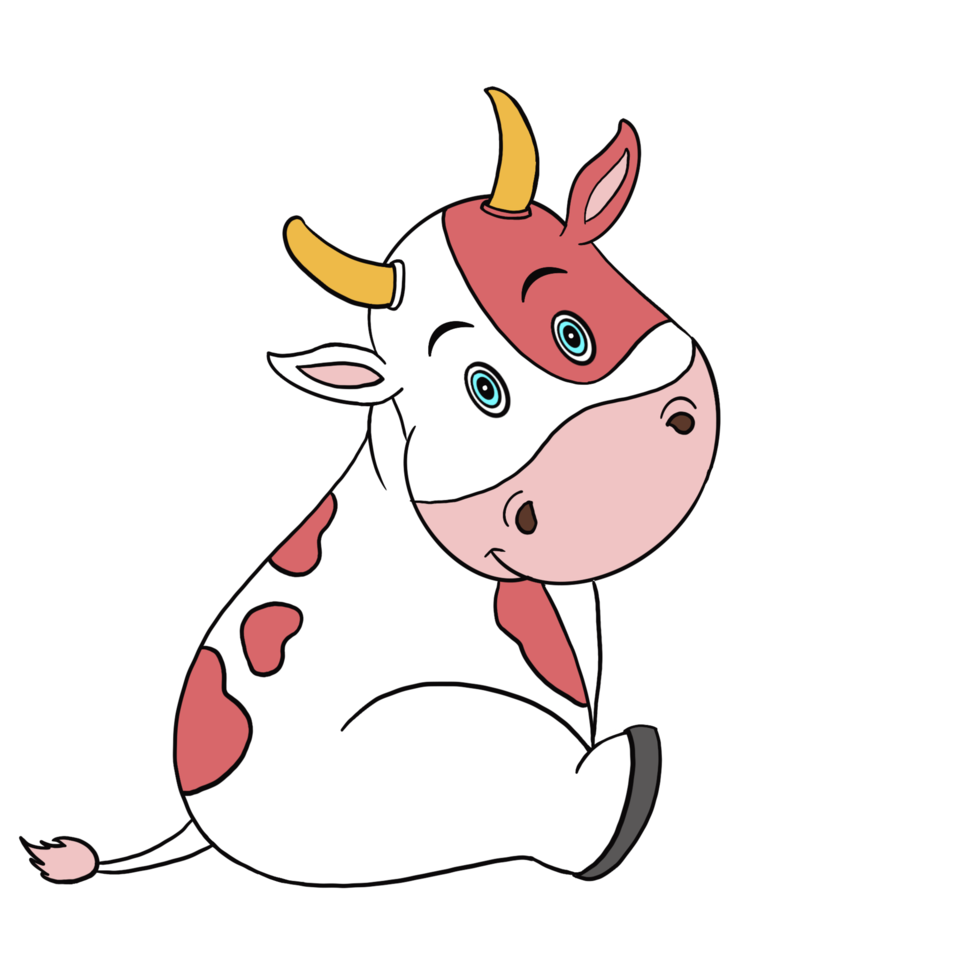 joli personnage de vache de dessin animé gras doodle, la couleur de tache rose et blanche est dans le visage souriant et la bonne humeur. isoler l'image. png