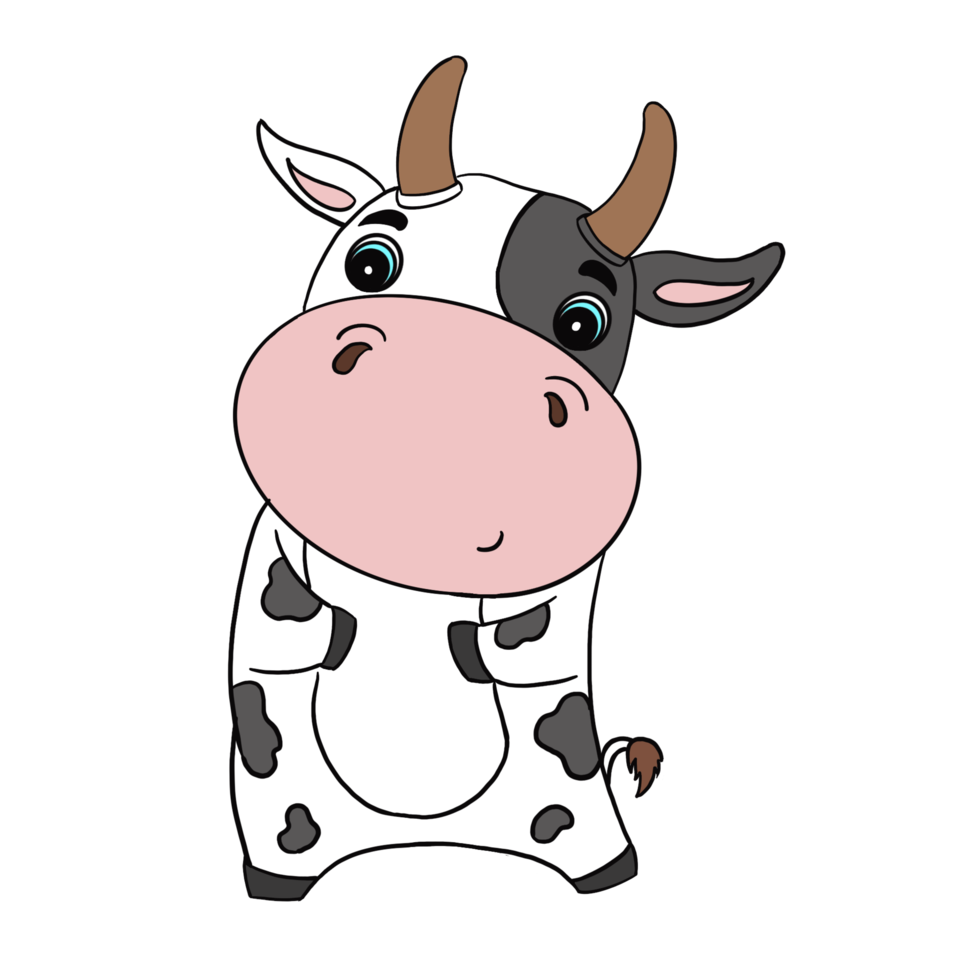 personaje de vaca de dibujos animados de garabato inteligente, color de punto blanco y negro está de buen humor. aislar la imagen. png