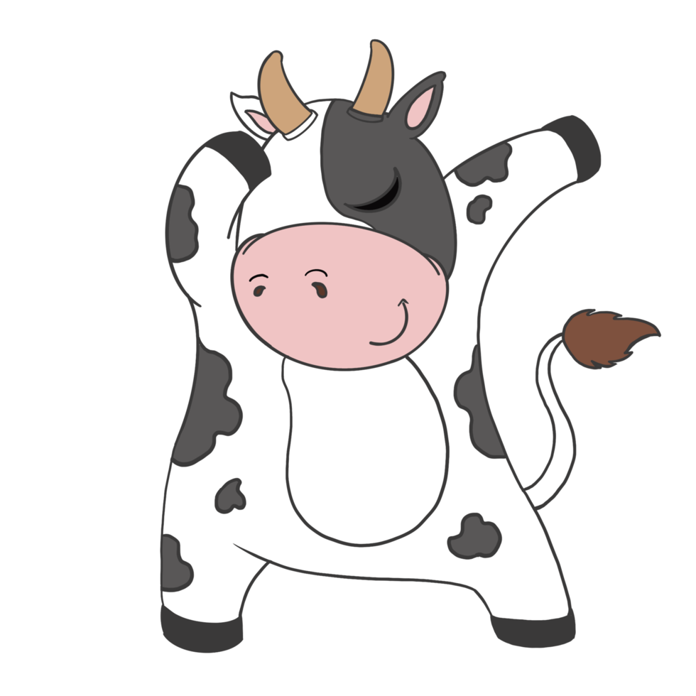 Cute doodle cartoon cow character, black and white spot color is in a good mood and smart action. Isolate image. png