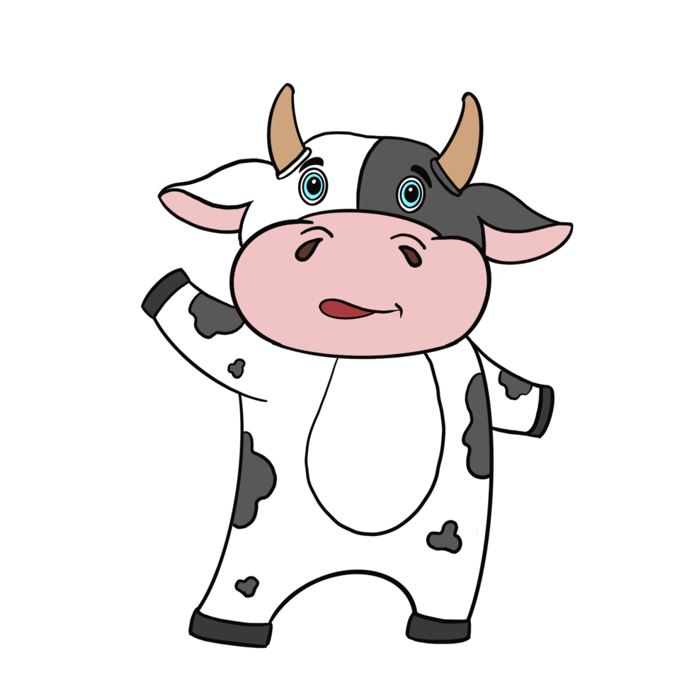 lindo personaje de vaca de dibujos animados de garabatos, color de punto blanco y negro está de pie con buen humor. png
