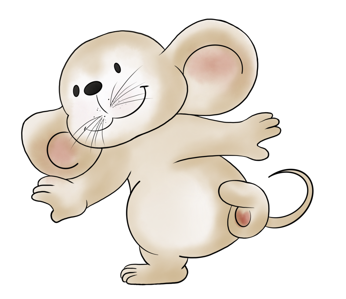 Cute, short, fat brown doodle cartoon mouse character act if dances and joyful. Isolate image. png