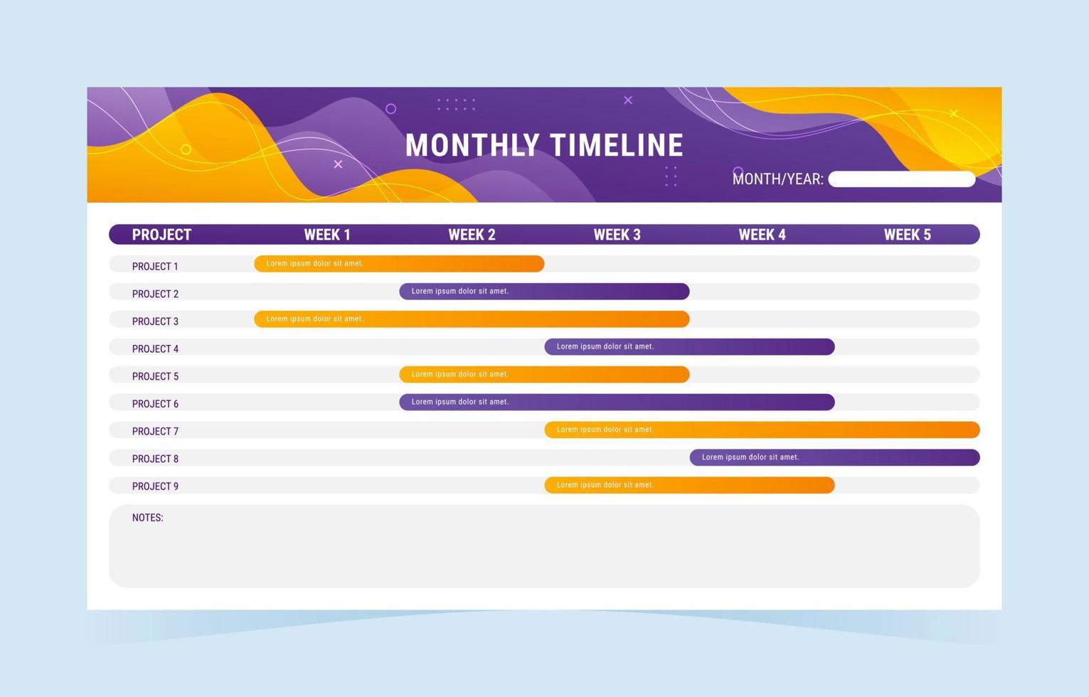 plantilla de calendario de línea de tiempo mensual vector