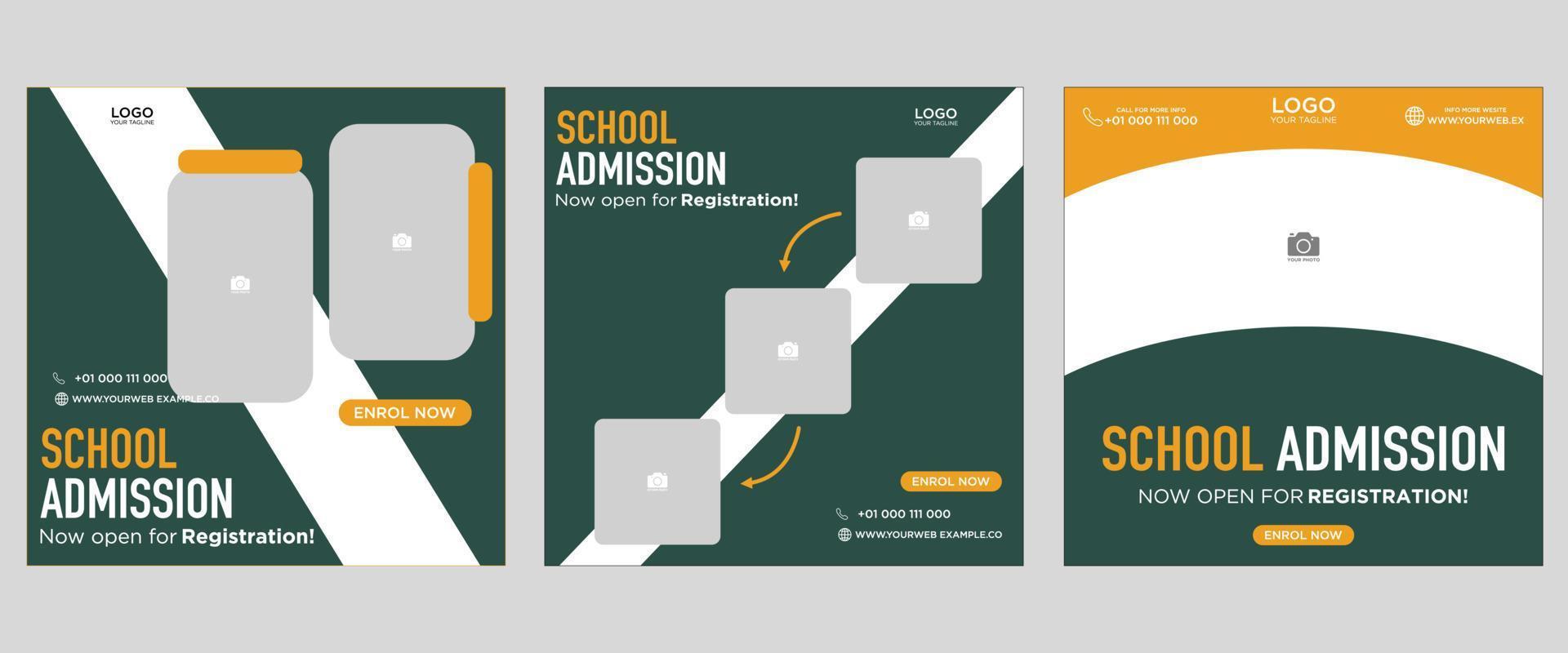 School admission social media post banner design. back to school social media post banner design set. Back to school admissions promotion banner. school admissions template for social media ads. vector