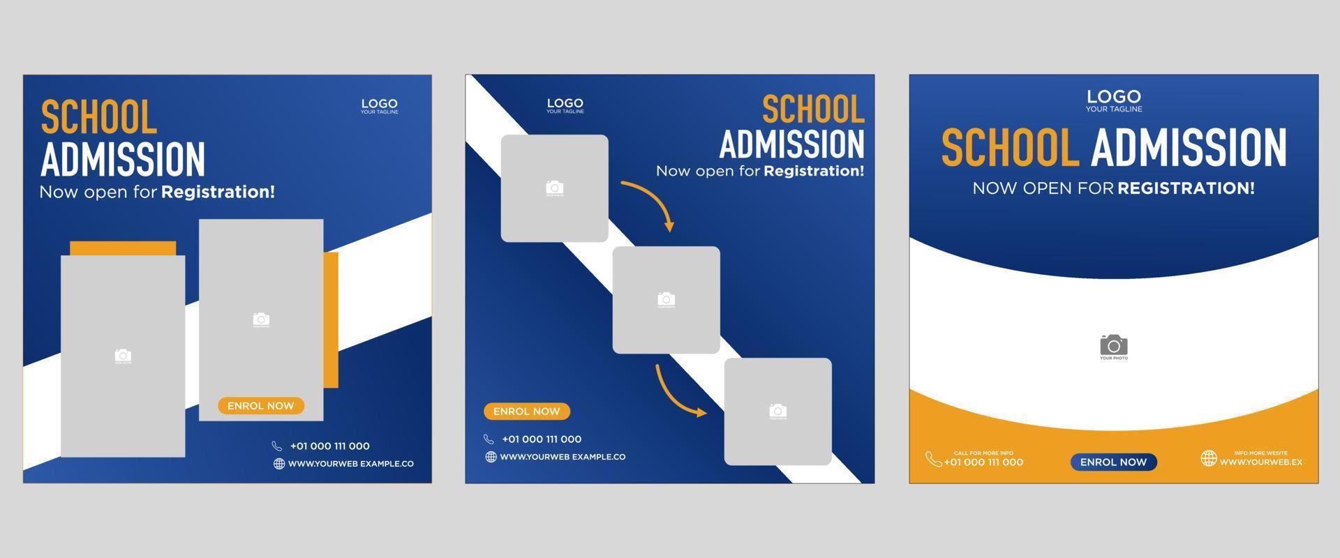 School admission social media post banner design. back to school social media post banner design set. Back to school admissions promotion banner. school admissions template for social media ads. vector