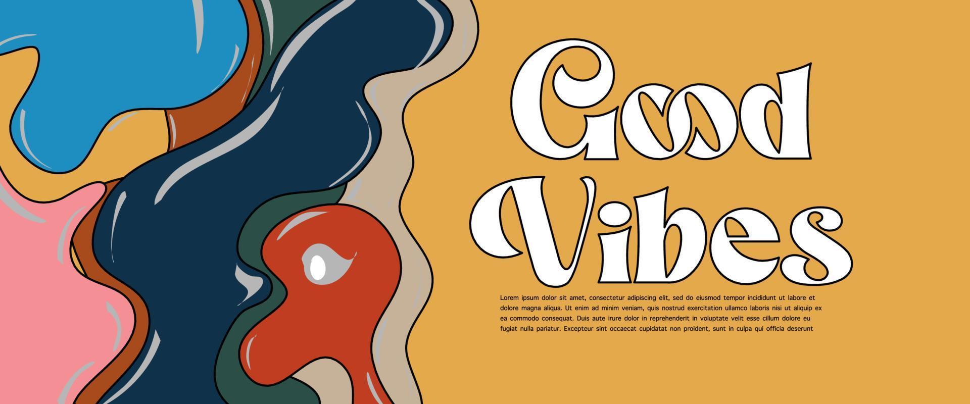 70s groovy retro good vibes solo eslogan con hippie remolino pastel dibujado a mano psicodélico fondo groovy. estilo psicodélico vaporwave de los años 80 - 90. vector