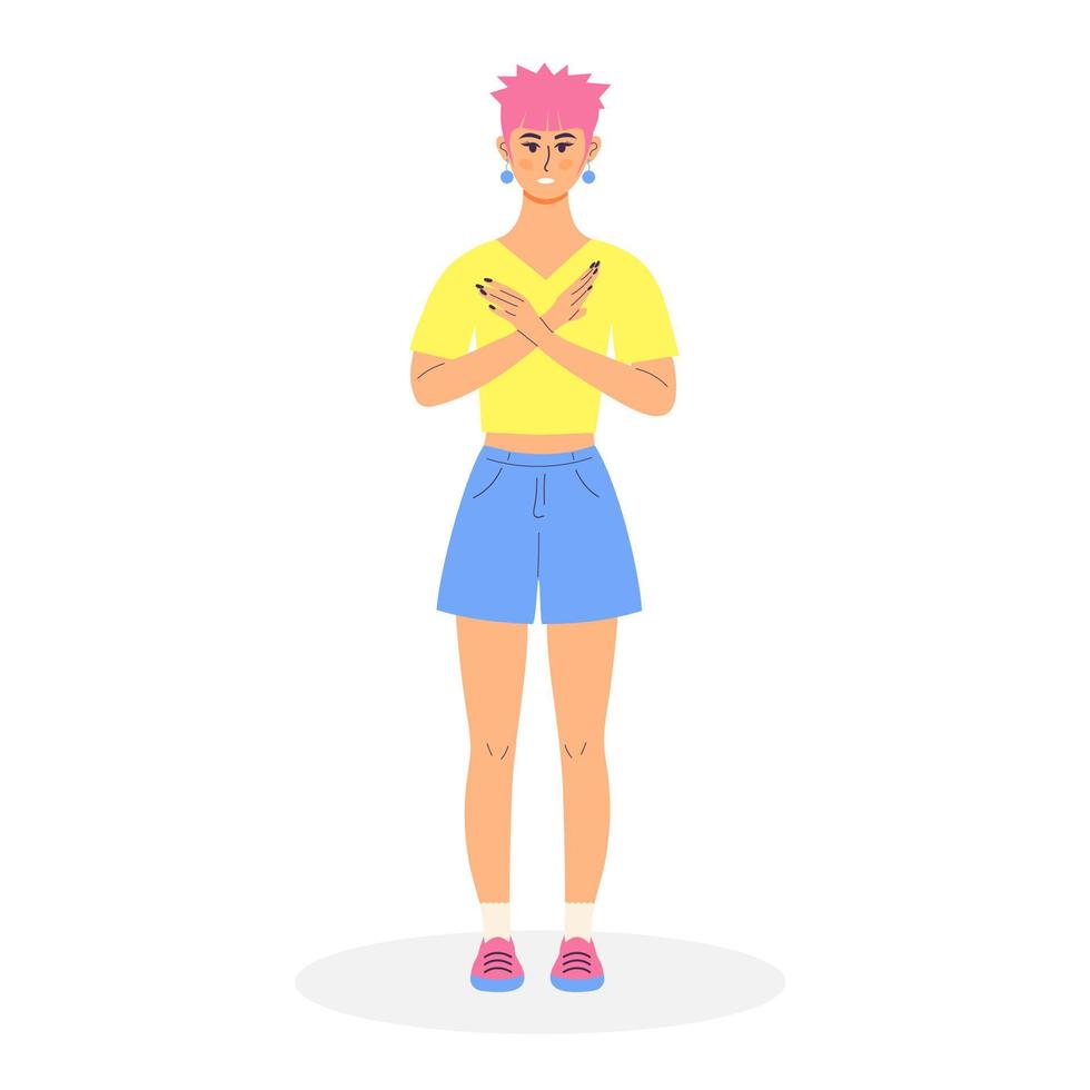 Neformal woman showing refusal or stop gesture with crossed hands. Body language and nonverbal communication. Expressing Negative emotions, communication, disagree feelings. Break the bias. vector