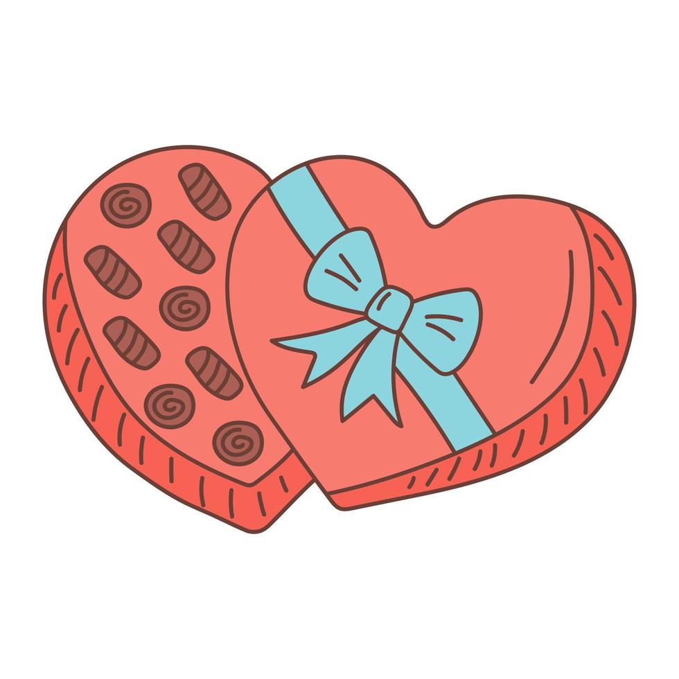 Chocolate candies box in the shape of heart. Sweet gift box with bow for holiday. Hand drawn vector illustration.