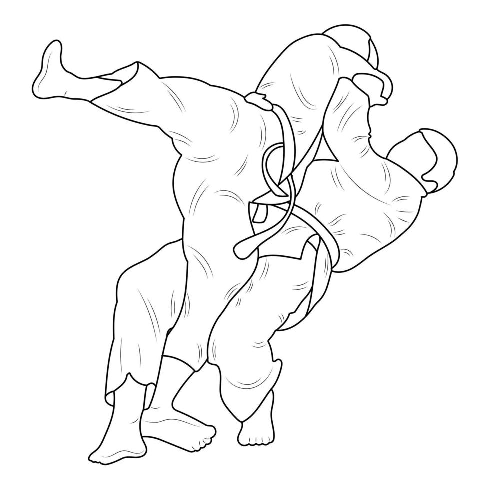 sketch judoist, judoka atleta duelo, lucha, judo, paquete de contorno de silueta de figura deportiva vector